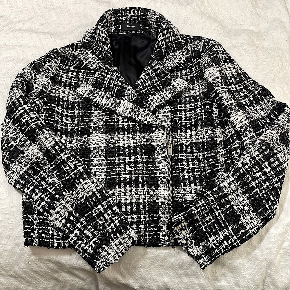 Theory Slim Tweed Black & White Moto Jacket Women’s Size 4